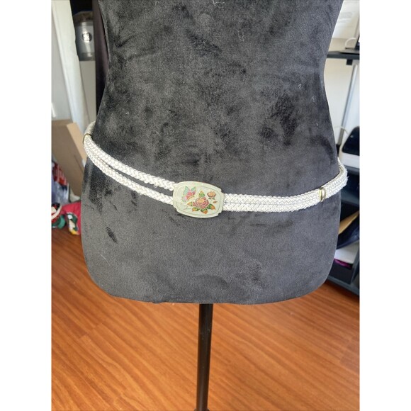 VTG 80s/90s Stretch Waist Belt Braided Cord Gray Cloisonne Butterfly Rose Buckle - Picture 10 of 11
